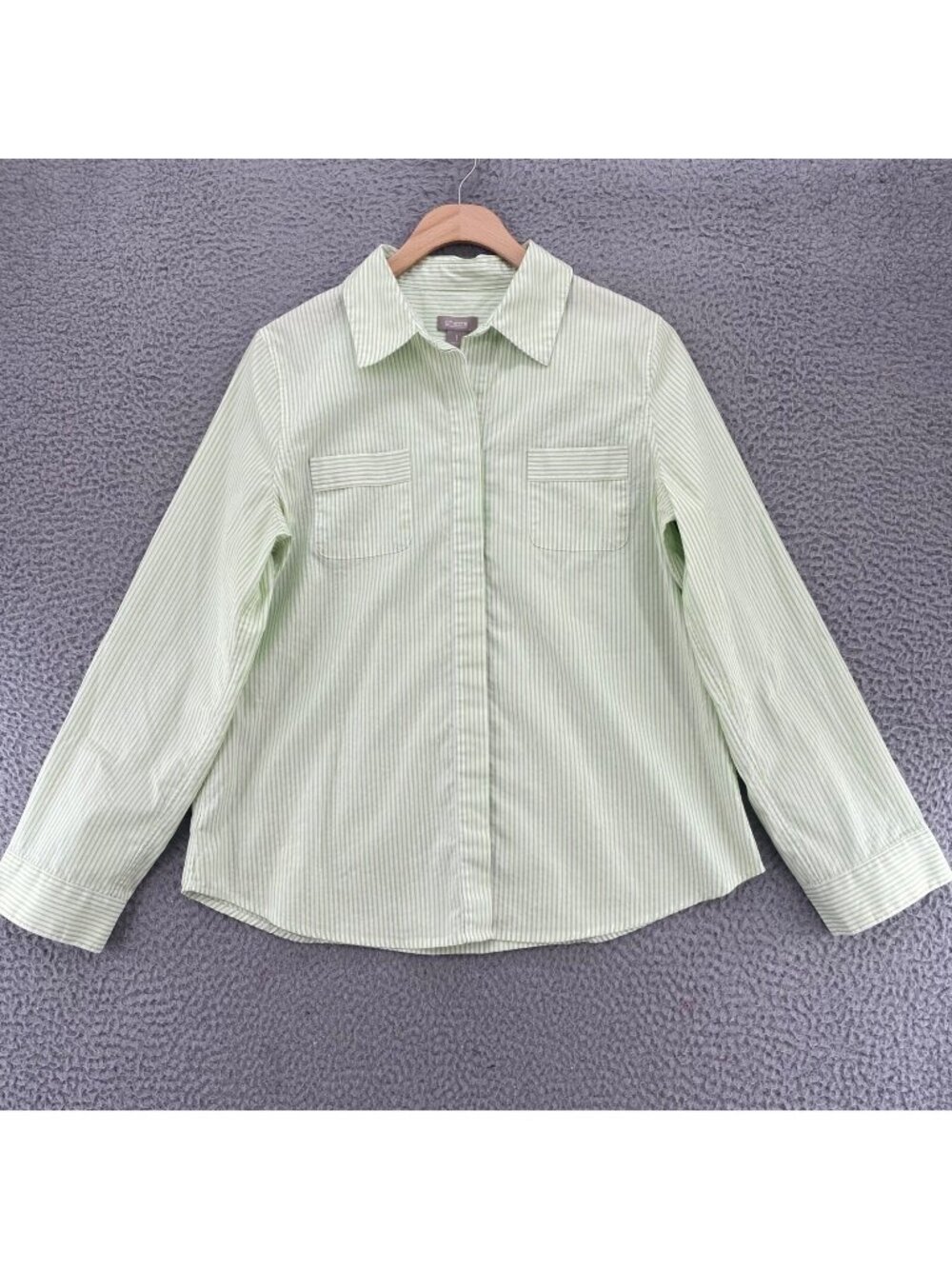 Chicos Shirt Womens 1 US Medium Green Striped Metallic Button Up Roll Tab Sleeve